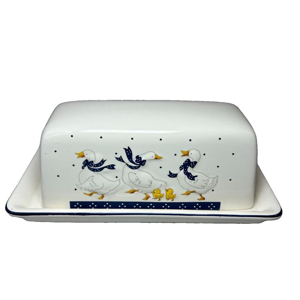 Vtg Geese Goslings Covered Butter Dish Farmhouse Cottagecore Country Motif Japan